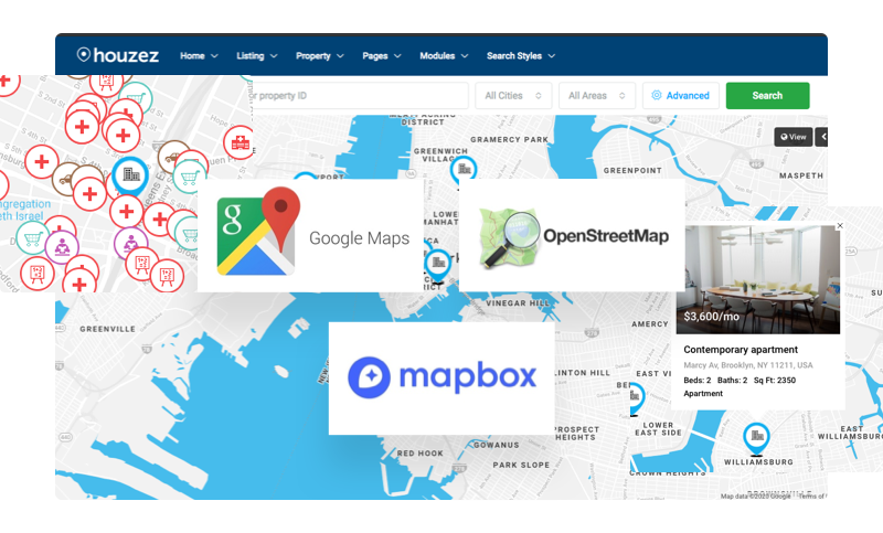 Real estate WordPress theme with Google Maps OpenStreetMap and Mapbox