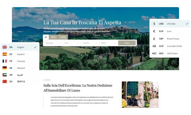 Real estate WordPress theme with multi-language and multi-currency support