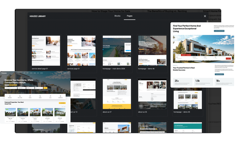 Real estate WordPress theme layout library with pre-built Elementor sections